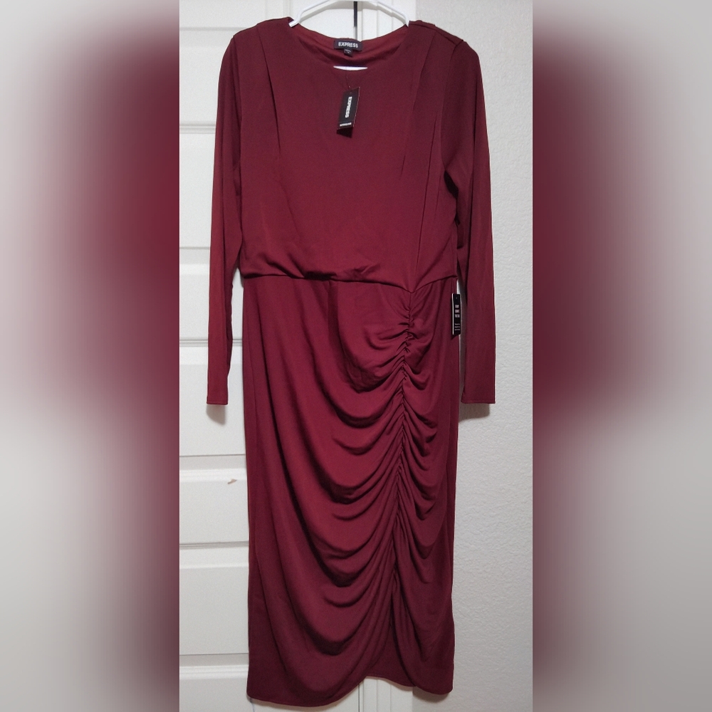 Express Red Asymmetrical Ruched Bodycon Dress